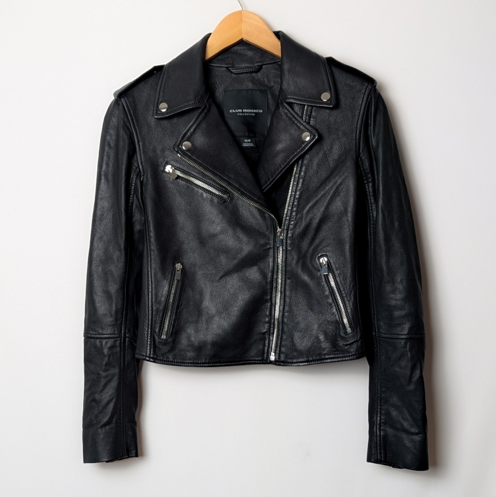 CLUB MONACO 100% Lamb Leather Jacket Gracella Biker Coat Black XS